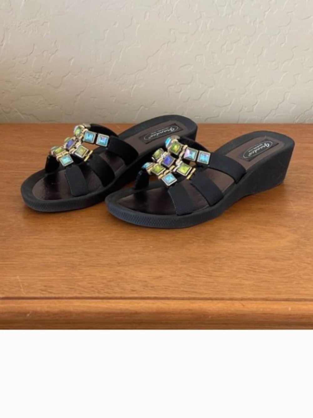 Grandco Sandals Black Blue Green Crystals 3 Strap Slide Wedge 6
